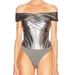 NWT Retrofete Rowan Metallic Gunmetal Silver Off Shoulder Bodysuit - Small